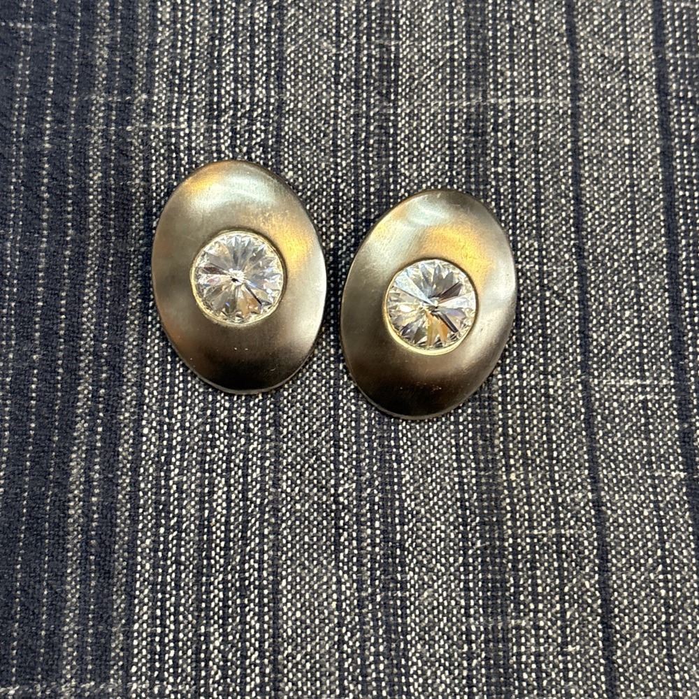Vintage Clip On Earrings Silver Oval W/large Rhinestones